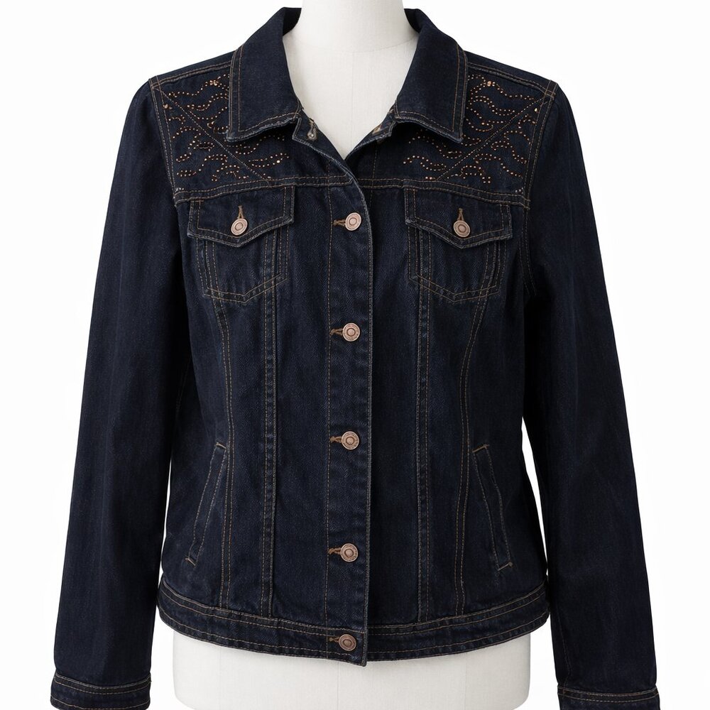 NWOT CJ Banks Dark Blue Jean Jacket w/ Embellishments — Women’s XL